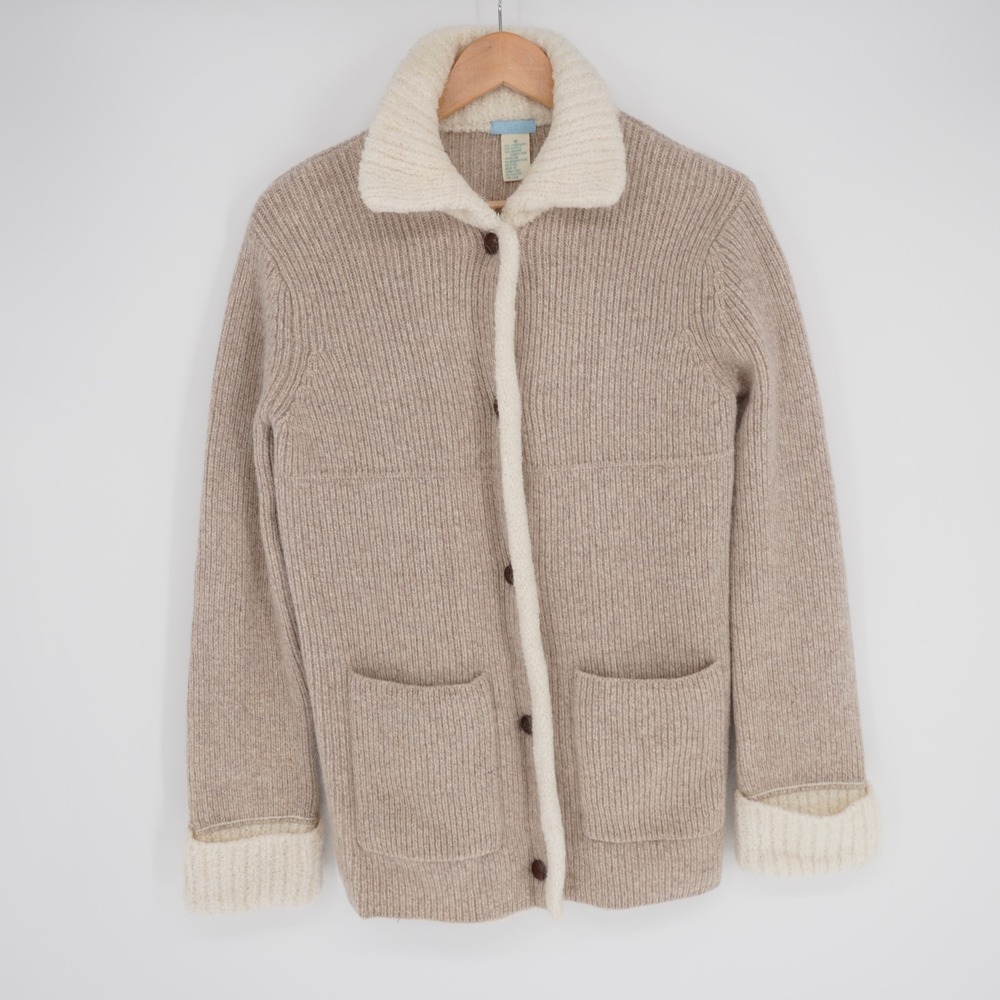 Urchin Knits Chunky Coatigan Sweater Womens M Beige Wool Blend Angora Pockets